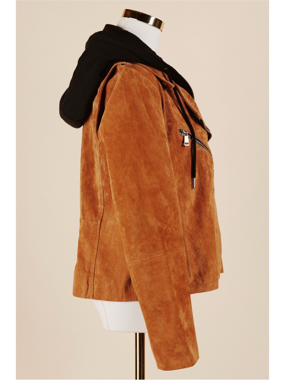 Sz L Bagatelle Collection Genuine Leather Tan Suede Hooded Moto Jacket EUC - Picture 3 of 6